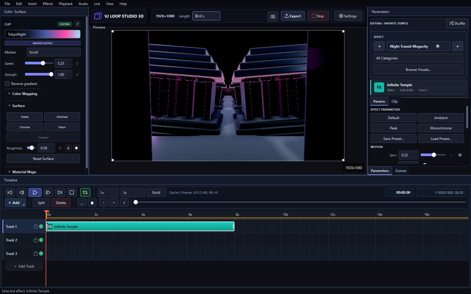 Infinite Temple displayed in the VJ Loop Studio 3D workspace