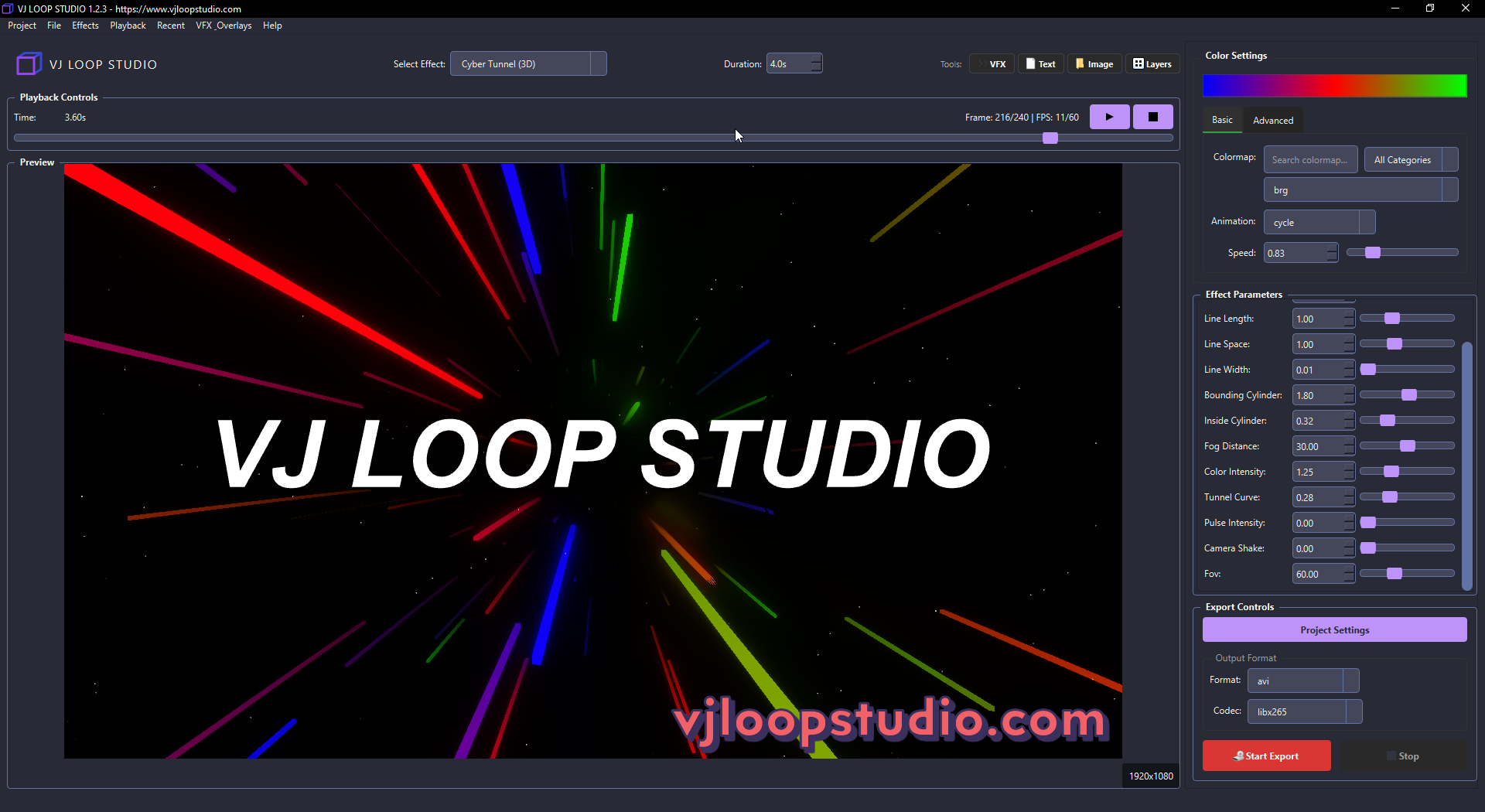 VJ Loop Studio main interface showing visual effect editor